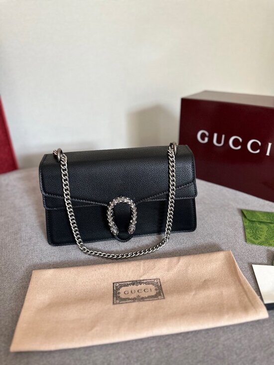 Luxury Bag Handbags - Black Dionysus Style Small Chain Bag Textured Leather Silver Hardware